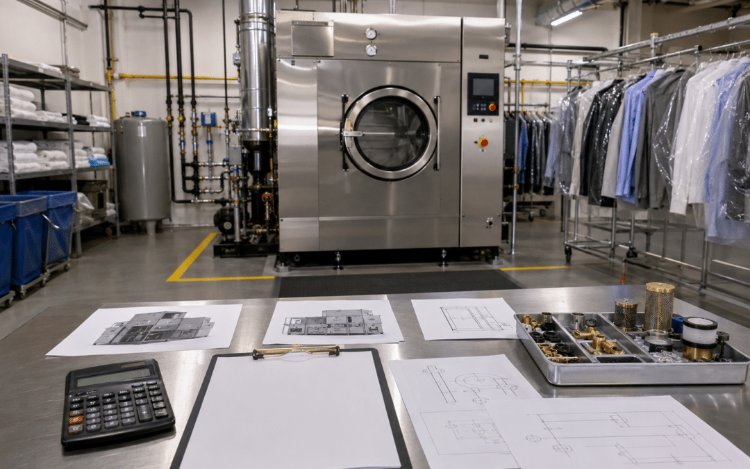 Industrial laundry machine and workspace